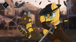 Size: 6000x3375 | Tagged: safe, artist:d3f4ult_4rt1st, imported from derpibooru, bird, crow, earth pony, pony, ammunition, clothes, coat, cowboy hat, duo, ear fluff, feather, gun, hat, hunt showdown, plague doctor, plague doctor mask, ponified, rifle, sheriff, sheriff hardin, sheriff's badge, shotgun, shotgun shell, video game, weapon
