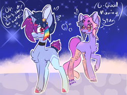 Size: 1024x768 | Tagged: safe, artist:pasteldraws, imported from derpibooru, oc, oc:galaxis, oc:starstriker, pony, unicorn, barrette, base used, blushing, choker, clothes, colored hooves, shipping, socks, space, space pony, unshorn fetlocks