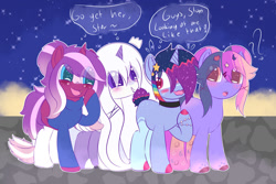 Size: 1280x854 | Tagged: safe, artist:pasteldraws, imported from derpibooru, oc, oc:dream walker, oc:galaxis, oc:starstriker, oc:starwave, pony, unicorn, barrette, base used, blushing, choker, clothes, colored hooves, crown, fluffy mane, hoodie, jewelry, regalia, shipping, socks, space pony