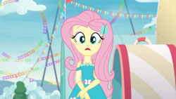 Size: 3410x1920 | Tagged: safe, imported from derpibooru, screencap, fluttershy, equestria girls, equestria girls series, rollercoaster of friendship, clothes, cutie mark, cutie mark on clothes, female, geode of fauna, hairpin, high res, jewelry, magical geodes, necklace, open mouth, solo