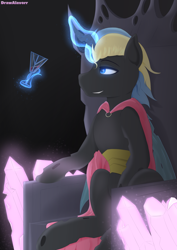 Size: 2480x3507 | Tagged: safe, artist:drawalaverr, imported from derpibooru, oc, oc only, oc:king regal, changeling, alcohol, blue changeling, cape, clothes, double colored changeling, gem, glass, glowing, glowing eyes, high res, looking up, magic, magic aura, male, quadrupedal, sitting, solo, throne, wine, wine glass, wings, yellow changeling
