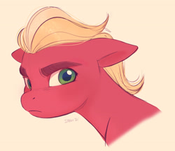 Size: 2823x2436 | Tagged: safe, artist:imalou, imported from derpibooru, sprout cloverleaf, earth pony, pony, bust, eyebrows, floppy ears, g5, green eyes, high res, male, my little pony: a new generation, pink background, portrait, simple background, solo, stallion