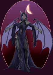 Size: 1140x1615 | Tagged: safe, artist:blackblood-queen, imported from derpibooru, oc, oc only, oc:salem sonata, anthro, bat pony, unguligrade anthro, vampire, anthro oc, bat pony oc, clothes, commission, digital art, dress, female, halloween, holiday, mare, moon, nightmare night, nightmare night 2021, side slit, smiling, solo