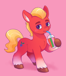 Size: 734x842 | Tagged: safe, artist:malarkey, imported from derpibooru, sprout cloverleaf, earth pony, pony, chest fluff, coat markings, drink, ear fluff, g5, hoof hold, male, my little pony: a new generation, pink background, raised tail, simple background, socks (coat markings), solo, stallion, tail, unshorn fetlocks