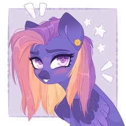 Size: 750x750 | Tagged: safe, artist:cosmicblaze_, imported from derpibooru, oc, oc only, oc:cosmic blaze, pegasus, pony, blushing, ear piercing, earring, jewelry, looking at you, piercing, smiling, solo