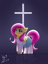 Size: 2258x3000 | Tagged: safe, artist:ninebuttom, imported from derpibooru, fluttershy, pegasus, pony, christianity, cross, high res, looking at you, solo