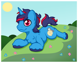 Size: 1442x1166 | Tagged: safe, artist:tuft~, imported from derpibooru, oc, oc only, oc:kyanite crush, pony, unicorn, blue coat, cutie mark, flower, fossil, gift art, lying down, magnifying glass, male, meadow, prone, purple mane, red eyes, red mane, smiling, solo, stallion, sun, two toned mane, unshorn fetlocks