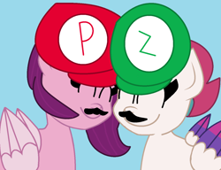 Size: 1304x1002 | Tagged: safe, artist:jadeharmony, imported from derpibooru, pipp petals, zipp storm, cap, crossover, female, g5, hat, luigi, luigi's hat, mario, mario's hat, siblings, sisters, super mario bros.