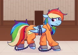 Size: 4093x2894 | Tagged: safe, artist:jellysketch, imported from derpibooru, rainbow dash, pegasus, pony, ankle chain, ankle cuffs, b-f16, bondage, bound wings, butt, chains, clothes, commission, courtroom, cuffs, grumpy, plot, prison, prison outfit, prisoner rd, solo, wings