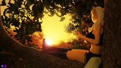 Size: 3840x2160 | Tagged: safe, artist:shadowboltsfm, imported from derpibooru, applejack, anthro, plantigrade anthro, 3d, 4k, apple, beautiful, blender, boots, bra, breasts, clothes, crop top bra, crossed legs, food, high heel boots, high res, lens flare, not sfm, shoes, shorts, tree, underwear