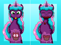 Size: 1463x1095 | Tagged: safe, artist:tuft~, imported from derpibooru, oc, oc only, oc:crimson rune, oc:jinx weaver, pony, unicorn, 2 panel comic, :3, bite mark, blue background, blushing, both cutie marks, candle, cellular peptide cake (with mint frosting), commission, crumbs, cupcake, eating, eyes closed, eyes on the prize, female, food, food transformation, glowing, glowing horn, horn, inanimate tf, levitation, magic, mare, messy eating, out of frame, shrunken pupils, simple background, telekinesis, tongue out, transformation, wide eyes, wide hips