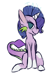 Size: 323x454 | Tagged: safe, artist:explicitlydone, imported from derpibooru, oc, oc only, oc:rhinestone, dracony, hybrid, pony, unicorn, coat markings, female, filly, interspecies offspring, offspring, parent:rarity, parent:spike, parents:sparity, simple background, socks (coat markings), solo, white background