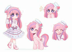 Size: 1961x1418 | Tagged: safe, artist:arwencuack, imported from derpibooru, oc, oc only, oc:sweet haze, earth pony, human, pony, anime style, blush sticker, blushing, clothes, commission, cute, dress, eye clipping through hair, eyes closed, female, hat, humanized, looking at you, mare, one eye closed, open mouth, raised hoof, simple background, smiling, smiling at you, solo, surprised, white background, white pupils, wink, winking at you