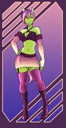 Size: 739x1423 | Tagged: safe, artist:blackblood-queen, imported from derpibooru, oc, oc only, oc:margarite mix, anthro, earth pony, unguligrade anthro, clothes, digital art, dressuptober, dressuptober2021, earth pony oc, female, mare, miniskirt, short hair, short mane, skirt, smiling, solo