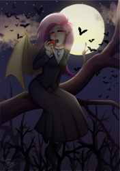 Size: 959x1362 | Tagged: safe, artist:toxiccolour, imported from derpibooru, fluttershy, bat, bat pony, human, monster girl, vampire, apple, bat ponified, boots, clothes, dress, ear piercing, earring, elf ears, eyeshadow, fangs, female, flutterbat, fluttergoth, food, full moon, humanized, jewelry, lipstick, makeup, moon, nail polish, night, piercing, race swap, shoes, solo, tree, winged humanization, wings