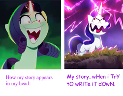 Size: 931x726 | Tagged: safe, artist:imalou, imported from derpibooru, rarity, pony, spoiler:my little pony: a new generation, comparison, derp, evil rarity, faic, g5, meme, my little pony: a new generation, novel, possessed, rarara, silly, silly pony, sproutity, stupid, writing