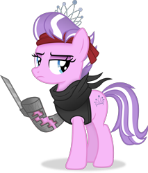 Size: 3459x4055 | Tagged: safe, artist:anime-equestria, imported from derpibooru, diamond tiara, earth pony, pony, alternate hairstyle, assassin's creed, blade, clothes, eyeshadow, female, headband, hidden blade, jewelry, makeup, mare, older, older diamond tiara, scarf, simple background, solo, tiara, transparent background, vector, vest, wasteland