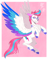 Size: 1068x1324 | Tagged: safe, artist:wanderingpegasus, imported from derpibooru, zipp storm, pegasus, pony, spoiler:my little pony: a new generation, cheek feathers, cheek fluff, chest fluff, colored eyebrows, colored eyelashes, colored pupils, ear fluff, feathered fetlocks, female, flying, g5, grin, hoof fluff, leg fluff, mare, my little pony: a new generation, neck feathers, pink background, raised eyebrow, signature, simple background, smiling, solo, unshorn fetlocks, white pupils, wings