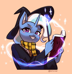 Size: 3000x3088 | Tagged: safe, artist:mrscroup, imported from derpibooru, trixie, anthro, unicorn, blushing, book, clothes, ear fluff, gritted teeth, harry potter (series), hat, high res, magic, necktie, scarf, solo, wand, witch hat