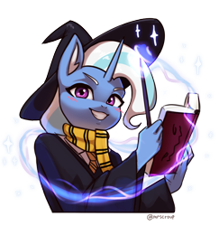 Size: 3000x3088 | Tagged: safe, alternate version, artist:mrscroup, imported from derpibooru, trixie, anthro, unicorn, blushing, book, clothes, ear fluff, gritted teeth, hat, high res, looking at you, magic, scarf, simple background, smiling, solo, transparent background, wand, wizard hat, wizard robe