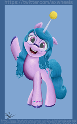 Size: 3000x4800 | Tagged: safe, artist:axwheels, imported from derpibooru, izzy moonbow, pony, unicorn, spoiler:my little pony: a new generation, ball, caption, g5, glasses, happy, horn, hornball, image macro, looking at you, my little pony: a new generation, smiling, solo, waving