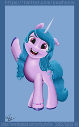 Size: 3000x4800 | Tagged: safe, artist:axwheels, imported from derpibooru, izzy moonbow, pony, unicorn, alternate timeline, caption, g5, happy, image macro, looking at you, my little pony: a new generation, smiling, solo, waving