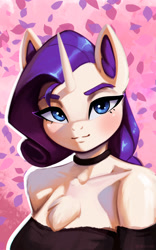 Size: 1300x2089 | Tagged: safe, artist:mrscroup, imported from derpibooru, rarity, anthro, unicorn, beautiful, chest fluff, choker, clothes, dress, lips, looking at you, shoulderless, smiling, solo