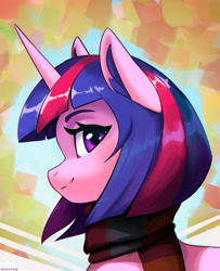 Size: 2000x2469 | Tagged: safe, artist:mrscroup, imported from derpibooru, twilight sparkle, pony, unicorn, clothes, ear fluff, female, high res, looking at you, looking back, mare, scarf, smiling, solo