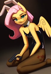 Size: 1400x2048 | Tagged: safe, artist:mrscroup, imported from derpibooru, fluttershy, anthro, pegasus, blushing, breasts, bunny ears, bunny suit, clothes, floppy ears, gun, handgun, latex, pistol, solo, spread wings, stockings, thigh highs, wings