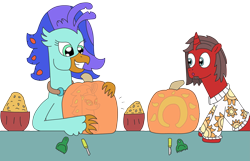 Size: 4097x2639 | Tagged: safe, artist:supahdonarudo, imported from derpibooru, oc, oc only, oc:ironyoshi, oc:sea lilly, classical hippogriff, hippogriff, unicorn, clothes, halloween, implied queen novo, jewelry, necklace, pumpkin, pumpkin carving, seeds, simple background, sweater, tools, transparent background