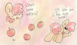 Size: 977x584 | Tagged: safe, artist:slightlyshade, imported from derpibooru, apple bloom, earth pony, pony, apple, female, filly, food, solo, text, traditional art