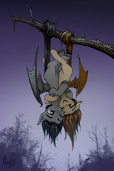 Size: 1719x2570 | Tagged: safe, artist:magfen, imported from derpibooru, oc, oc only, bat pony, pony, bat pony oc, behaving like a bat, duo, female, hanging, hanging upside down, hug, male, oc x oc, prehensile tail, shipping, straight, tail, tree branch, upside down