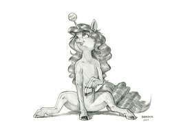 Size: 1400x1113 | Tagged: safe, artist:baron engel, imported from derpibooru, izzy moonbow, pony, unicorn, spoiler:my little pony: a new generation, :p, ball, bracelet, colored hooves, female, g5, grayscale, izzy's tennis ball, jewelry, looking up, mare, monochrome, my little pony: a new generation, pencil drawing, simple background, sitting, solo, tennis ball, tongue out, traditional art, white background