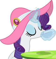 Size: 2258x2373 | Tagged: safe, artist:frownfactory, imported from derpibooru, rarity, pony, unicorn, sweet and elite, cup, drinking, eyes closed, food, hat, high res, horn, magic, magic aura, raritea, simple background, solo, table, tea, teacup, transparent background, vector