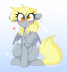 Size: 1893x2048 | Tagged: safe, artist:tinykiru, imported from derpibooru, derpy hooves, pegasus, pony, :3, blushing, chest fluff, cute, derpabetes, ear fluff, female, heart, heart eyes, leg fluff, mare, ponytober, sitting, solo, wingding eyes