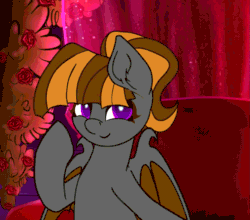 Size: 1121x986 | Tagged: safe, artist:theotherpony, imported from derpibooru, oc, oc only, oc:mythic dawn, bat pony, pony, animated, bat pony oc, bat wings, blinking, commission, cute, detailed background, ear fluff, eyebrows, female, gif, hoof on chin, looking at you, mare, ocbetes, offscreen character, open mouth, ponytail, pov, purple eyes, romantic, smiling, smiling at you, solo, toothy grin, wings, ych result