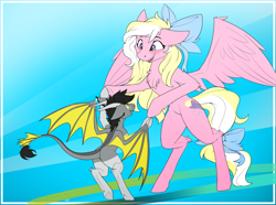 Size: 2905x2160 | Tagged: safe, artist:kavvi, imported from derpibooru, oc, oc only, oc:bay breeze, oc:kavvi, dracony, dragon, hybrid, pegasus, pony, butt, cute, dancing, duo, female, male, plot, simple background, size difference