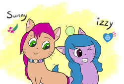 Size: 1104x745 | Tagged: safe, artist:foxy1219, imported from derpibooru, izzy moonbow, sunny starscout, cat, spoiler:my little pony: a new generation, ball, catified, duo, female, g5, my little pony: a new generation, species swap, tennis ball