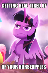 Size: 589x888 | Tagged: safe, artist:imalou, edit, imported from derpibooru, fluttershy, twilight sparkle, alicorn, pony, spoiler:my little pony: a new generation, caption, cropped, frown, g5, image macro, meme, my little pony: a new generation, reaction image, text, twilight is not amused, twilight sparkle (alicorn), unamused