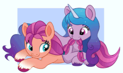 Size: 825x495 | Tagged: safe, artist:szafir87, imported from derpibooru, izzy moonbow, sunny starscout, :3, animated, cute, g5, gif, izzybetes, munching, my little pony: a new generation, simple background, sunnybetes