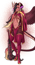 Size: 685x1280 | Tagged: safe, artist:blackblood-queen, imported from derpibooru, oc, oc:daniel dasher, anthro, baseball bat, eyeshadow, fangs, femboy, horns, makeup, male, nipples, nudity, scar