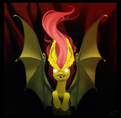 Size: 3228x3146 | Tagged: safe, artist:opalacorn, imported from derpibooru, fluttershy, bat pony, pony, bat ponified, big ears, fangs, flutterbat, glowing, glowing eyes, high res, race swap, solo, white eyes