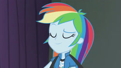 Size: 3410x1920 | Tagged: safe, imported from derpibooru, screencap, rainbow dash, human, equestria girls, rainbow rocks, clothes, cutie mark, cutie mark on clothes, dreamworks face, eyebrows, eyes closed, female, high res, raised eyebrow, smiling, solo