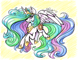 Size: 3300x2550 | Tagged: safe, artist:dandy, imported from derpibooru, princess celestia, alicorn, pony, colored pencil drawing, female, hair over one eye, high res, jewelry, looking at you, ponytober, regalia, solo, traditional art