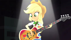 Size: 3410x1920 | Tagged: safe, imported from derpibooru, screencap, applejack, equestria girls, rainbow rocks, applejack's hat, awesome as i want to be, bass guitar, clothes, cowboy hat, cowgirl, cute, denim skirt, female, hat, high res, jackabetes, musical instrument, skirt, smiling, solo, stetson