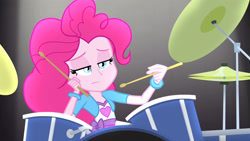 Size: 3410x1920 | Tagged: safe, imported from derpibooru, screencap, pinkie pie, equestria girls, rainbow rocks, awesome as i want to be, bored, drum kit, drums, drumsticks, female, high res, musical instrument, pinkie pie is not amused, solo, unamused