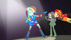 Size: 3410x1920 | Tagged: safe, imported from derpibooru, screencap, fluttershy, rainbow dash, sunset shimmer, equestria girls, rainbow rocks, awesome as i want to be, bass guitar, boots, clothes, cutie mark, cutie mark on clothes, eyes closed, female, grin, hairpin, high res, musical instrument, shoes, smiling, tambourine