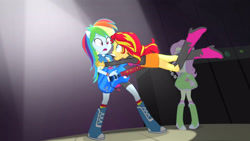 Size: 3410x1920 | Tagged: safe, imported from derpibooru, screencap, fluttershy, rainbow dash, sunset shimmer, equestria girls, rainbow rocks, awesome as i want to be, bass guitar, boots, clothes, cutie mark, cutie mark on clothes, eyes closed, female, high res, musical instrument, open mouth, shoes, tambourine