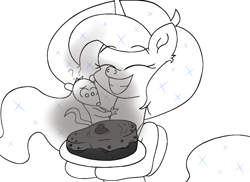 Size: 2880x2100 | Tagged: safe, artist:iceflower99, imported from derpibooru, princess luna, tiberius, alicorn, opossum, pony, burned, cake, eyes closed, fanfic, food, high res, proud, sketch, smiling, smoke