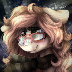 Size: 1000x1000 | Tagged: safe, artist:lenapetrushka, imported from derpibooru, oc, oc only, butterfly, earth pony, pony, bust, clothes, eyelashes, female, mare, scarf, signature, smiling, solo